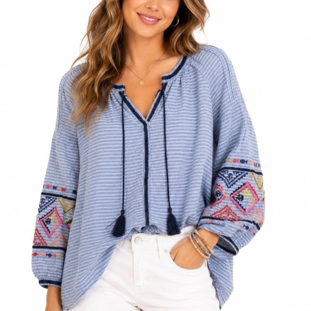 Joules Blouse Women Size 8 Small Blue Striped Embroidered Linen Blend Tassel